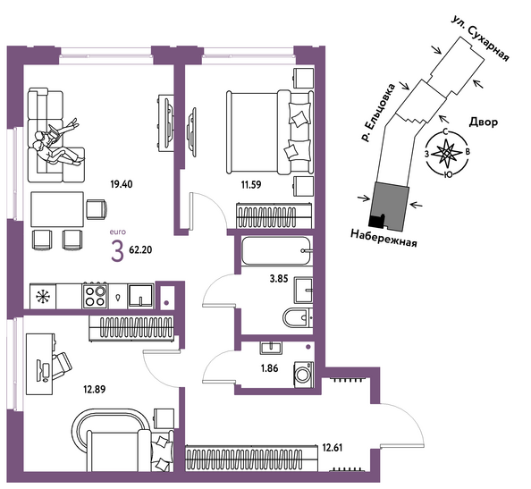 Планировка 3-комн 62,2 м²