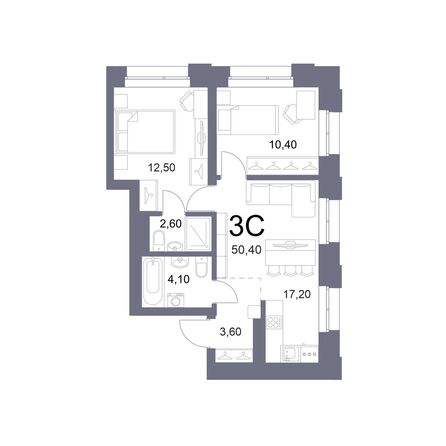 Планировка 3-комн 50,4, 50,6 м²