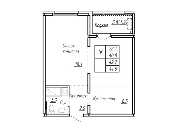 Планировка 1-комн 44,6 м²