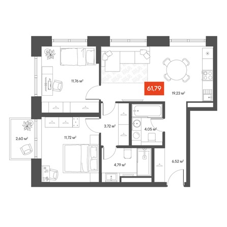 Планировка 2-комн 61,72 м²