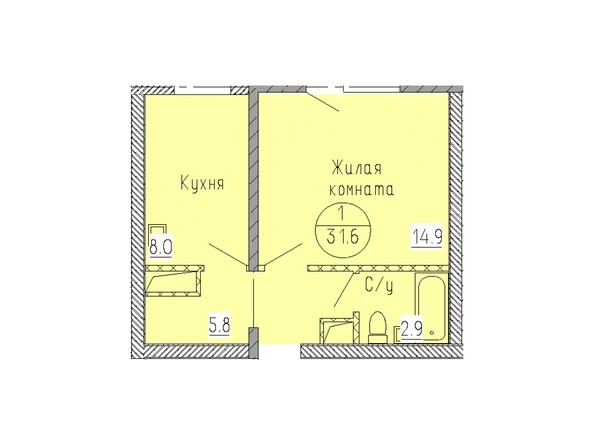 Планировка однокомнатной квартиры 31,6 кв.м
