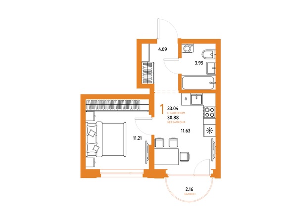 Планировка 1-комн 30,88 м²