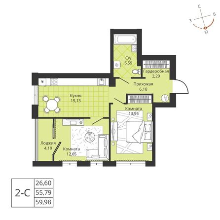 Планировка 2-комн 55,79 м²