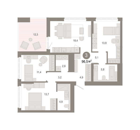 Планировка 3-комн 96,46 - 96,64 м²