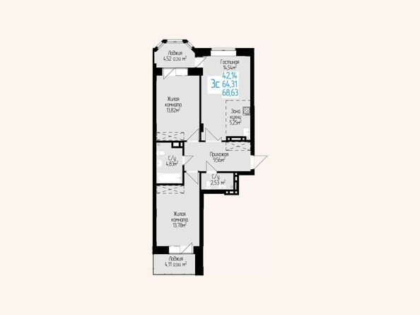 Планировка трехкомнатной квартиры 64,31 кв.м