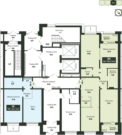 Планировка 3-комн 94 м²