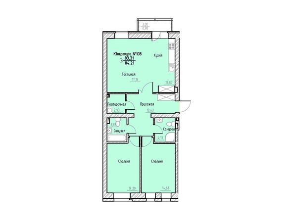 Планировка трехкомнатной квартиры 84,21 кв.м