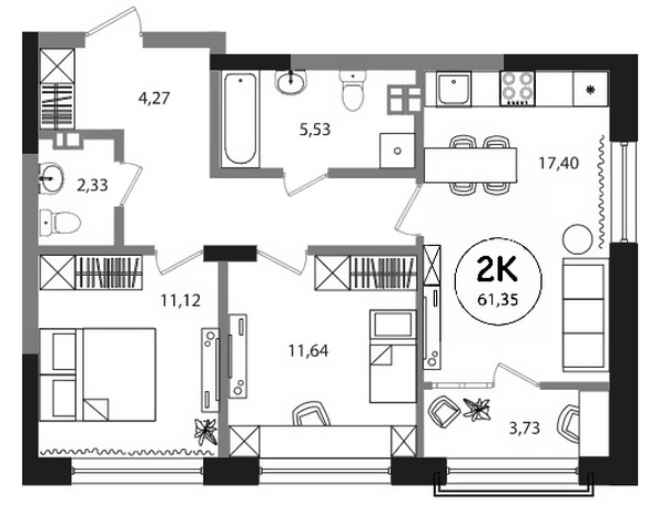 Планировка 2-комн 61,35 м²