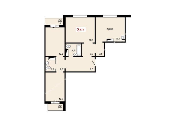 3 блок-секция. Планировка трехкомнатной квартиры 83,8 кв.м