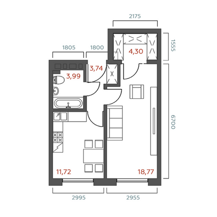 Планировка 1-комн 42,52 м²