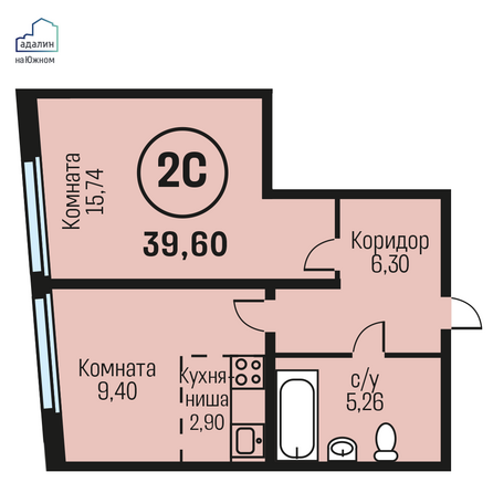 Планировка 2-комн 39,6 м²