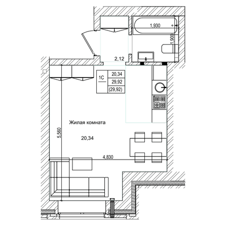 Планировка Студия 29,92 м²