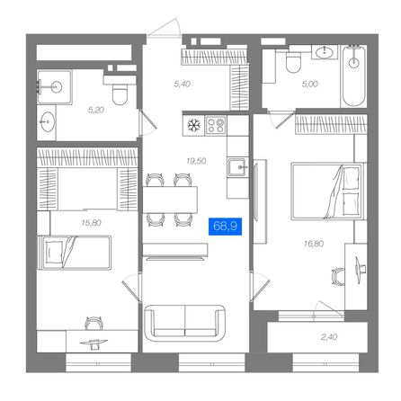 Планировка 2-комн 68,9 м²