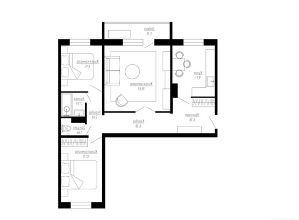 Планировка 3-комн 71 м²