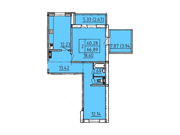 Планировка двухкомнатной квартиры 66,89 кв.м.