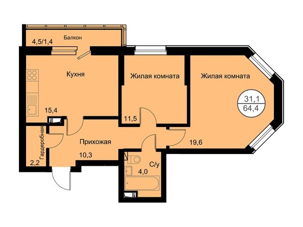 Планировка 2-комнатной квартиры 64,4 кв.м