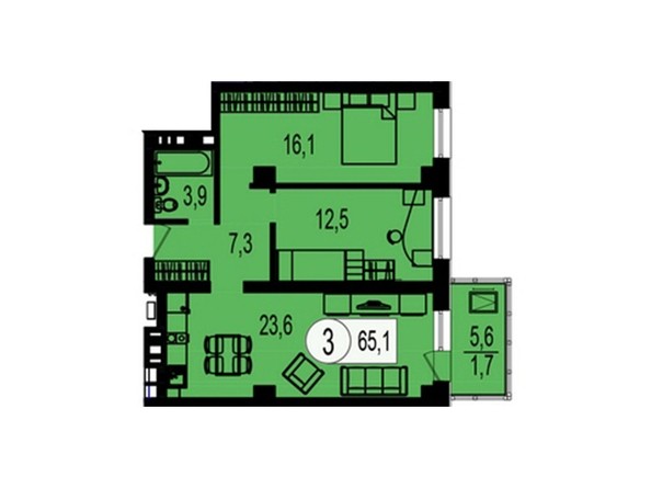 Планировка 3-комнатной квартиры 65,1 кв.м