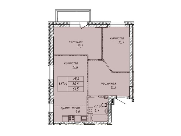 Планировка 3-комн 61,5 м²