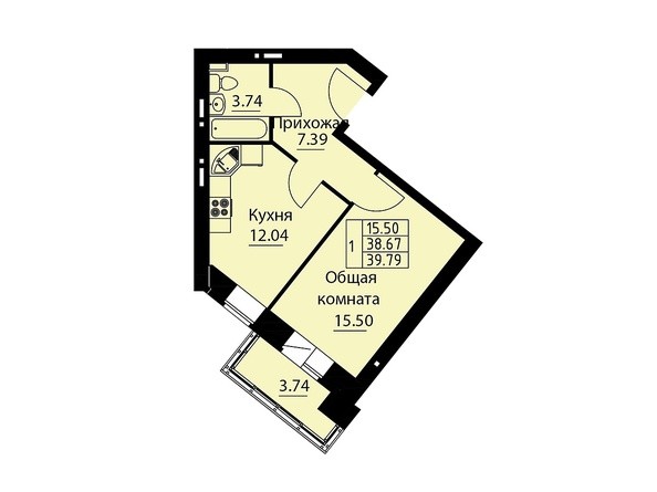 Планировка однокомнатной квартиры 39,79 кв.м