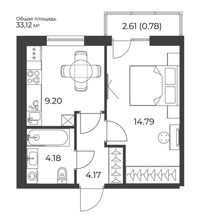 Планировка 1-комн 33,12 м²