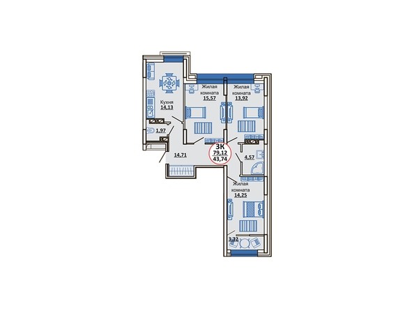 Планировка 3-комнатной квартиры 79,12 кв.м