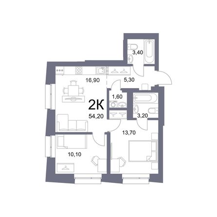 Планировка 2-комн 54,2 м²