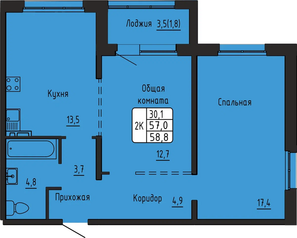 Планировка 2-комн 58,8 м²