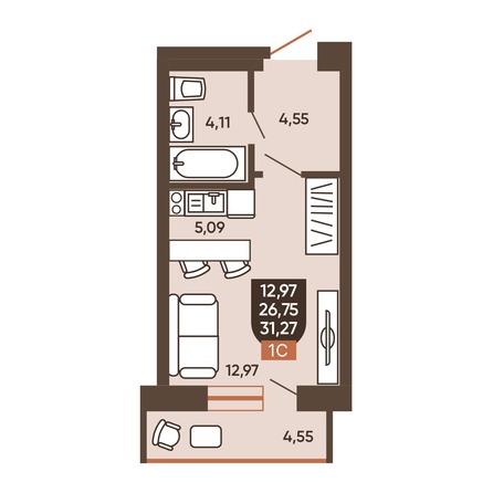 Планировка Студия 28,96 - 29,6 м²