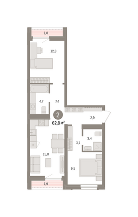 Планировка 2-комн 62,78 - 62,81 м²