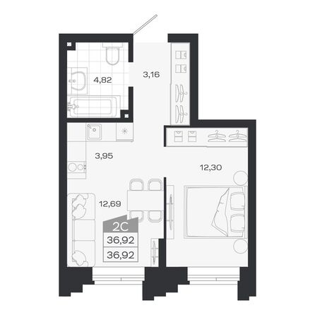 Планировка 2-комн 36,92 м²