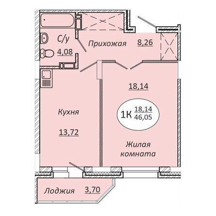 Планировка 1-комн 46,05, 46,16 м²