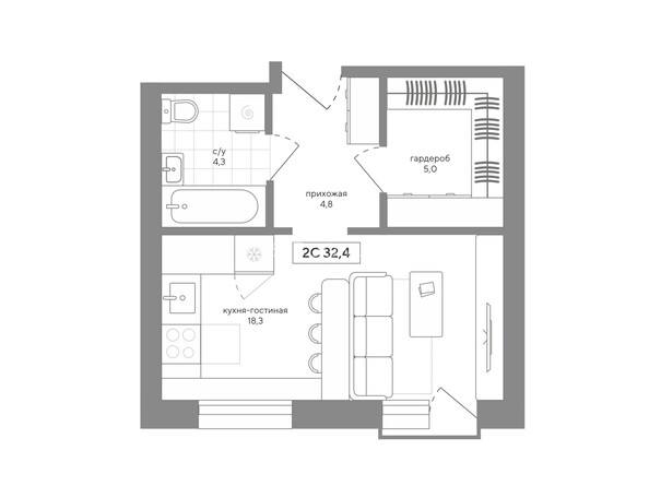 Планировка 1-комн 32,39, 32,4 м²