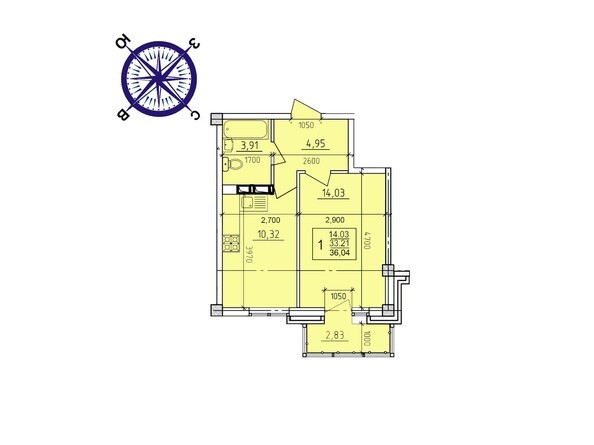 Планировка однокомнатной квартиры 36,04 кв.м