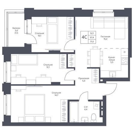 Планировка 3-комн 71 - 71,3 м²