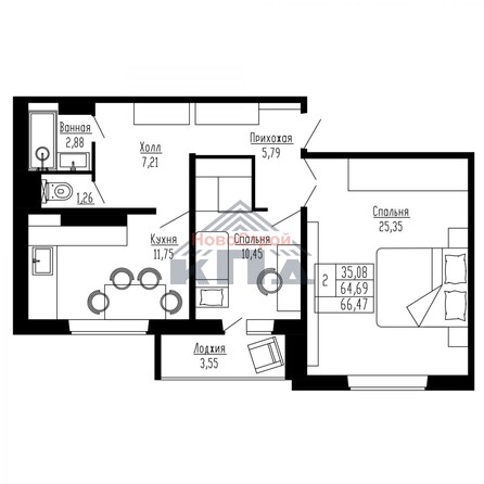 Планировка 2-комн 66,47, 66,66 м²