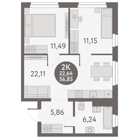 Планировка 2-комн 56,85 - 57,39 м²