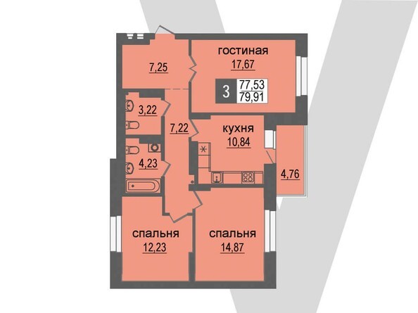 Планировка 3-комнатной 79,91 кв.м