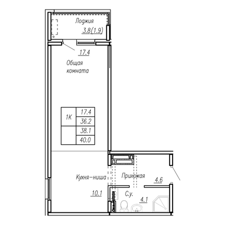 Планировка 1-комн 38,1 м²