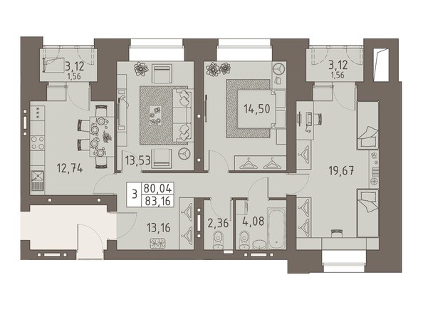 3-комнатная 83,16 кв.м