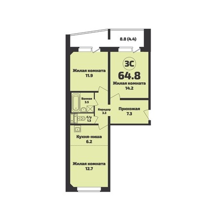 Планировка 3-комн 64,8 м²