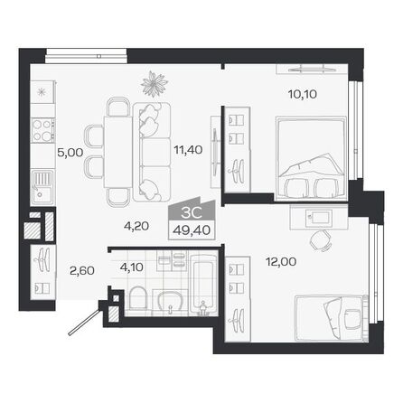 Планировка 3-комн 49,4, 51,3 м²