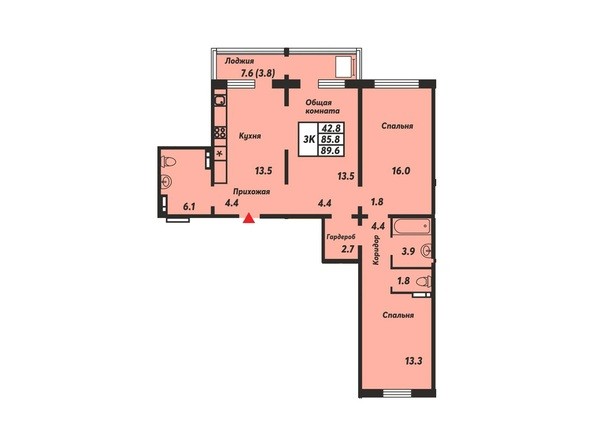 Планировка 3-комнатной квартиры 89,6 кв.м