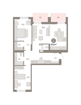 Планировка 2-комн 95,58 м²