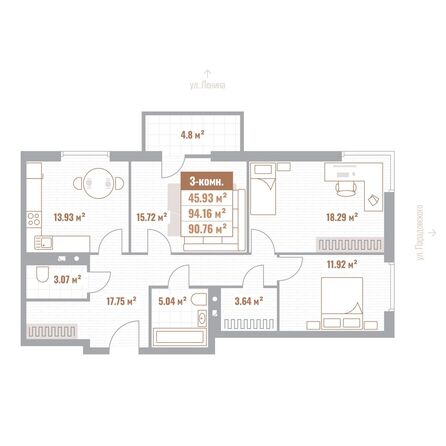 Планировка 3-комн 90,76 м²