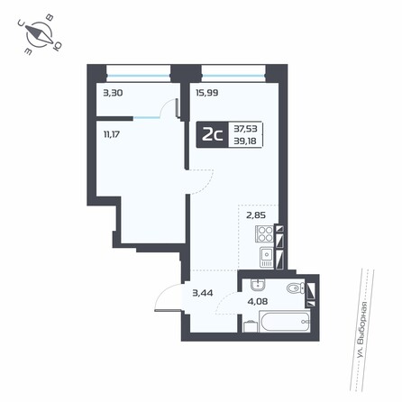 Планировка 2-комн 39,18 м²