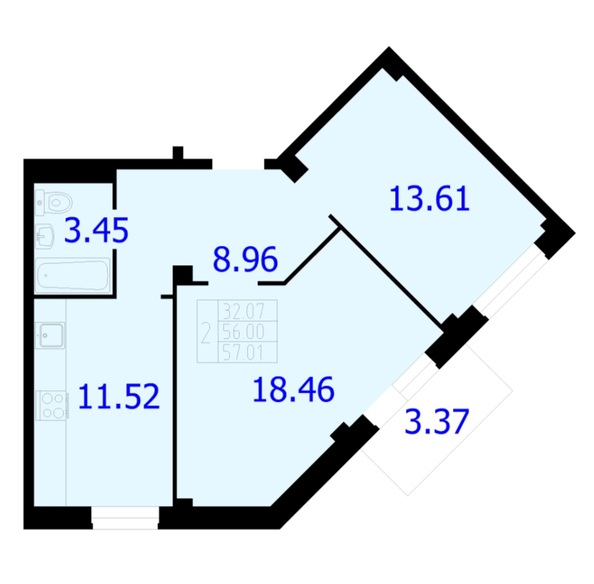 Планировка 2-комн 57,01 м²