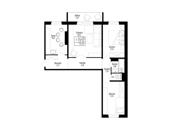 Планировка 3-комн 75 м²