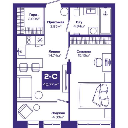 Планировка 2-комн 40,77 м²