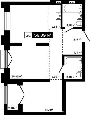 Планировка 2-комн 57,41, 57,52 м²