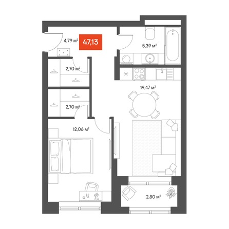 Планировка 1-комн 46,07 м²